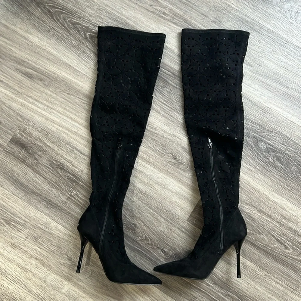 Jeffrey Campbell Black Suede Perforated Tall Boots Stiletto Heel 6.5